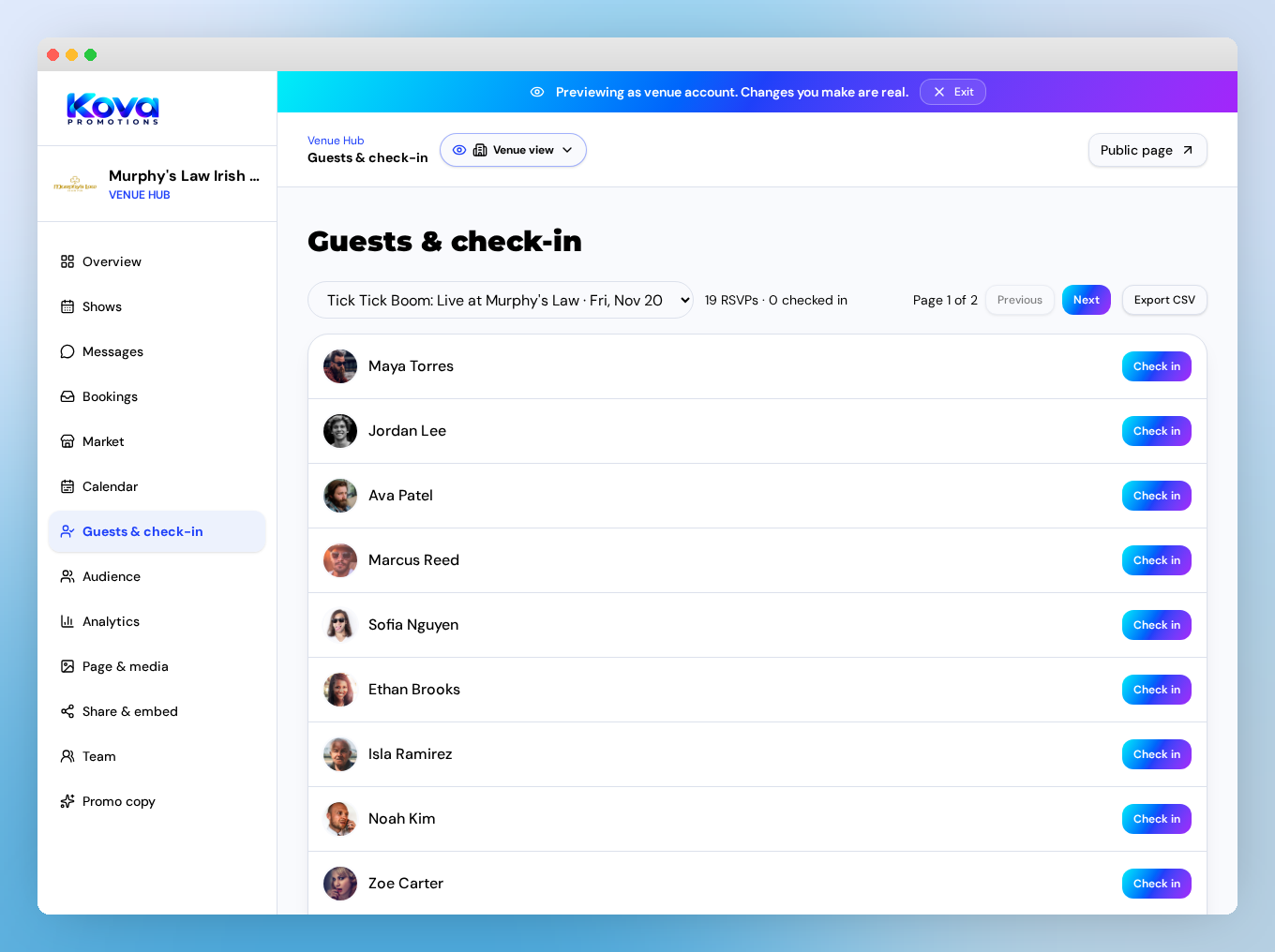 Murphy's Law's actual event guest list and check-in controls