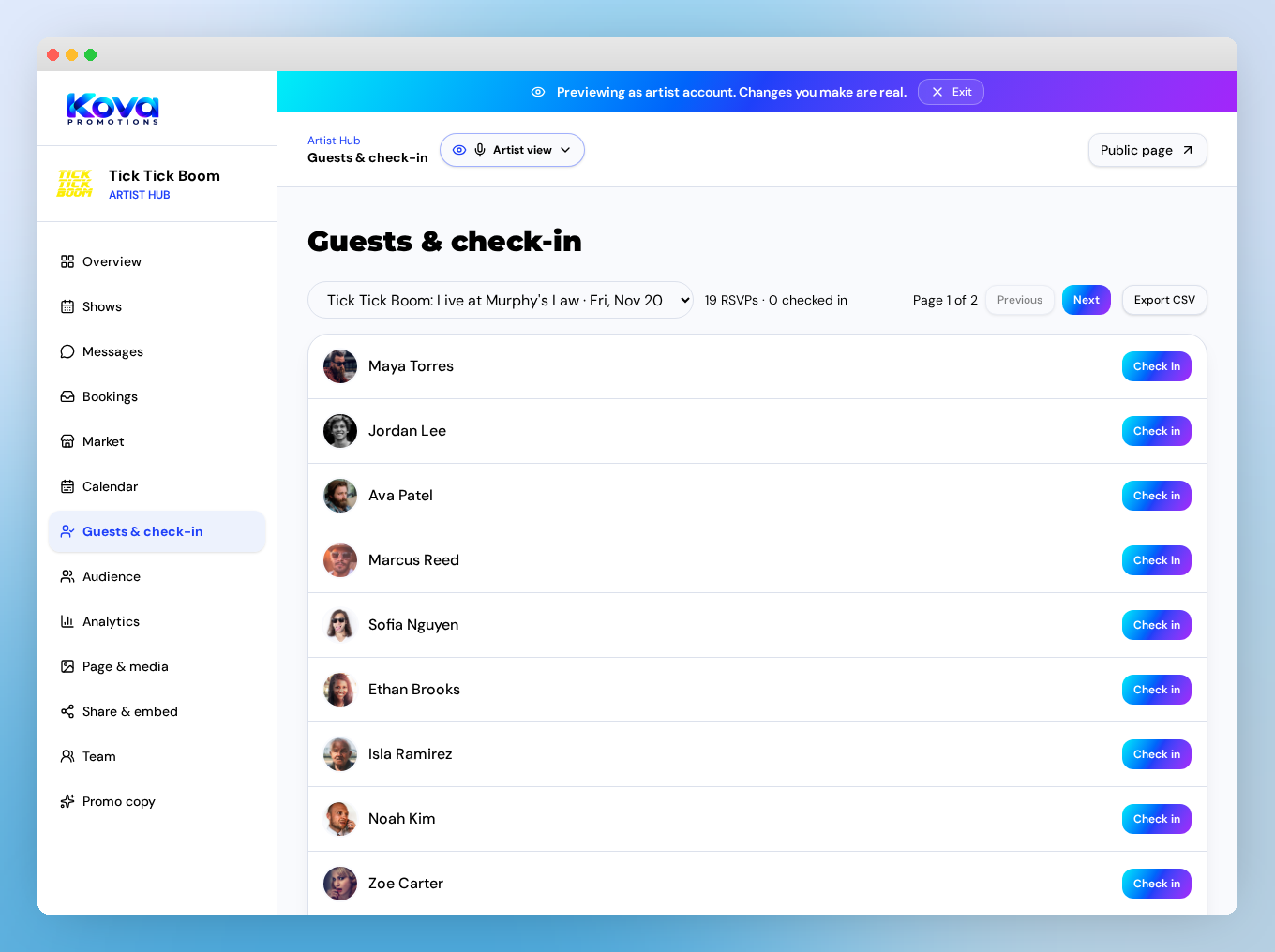 Tick Tick Boom's actual RSVP list and door check-in controls