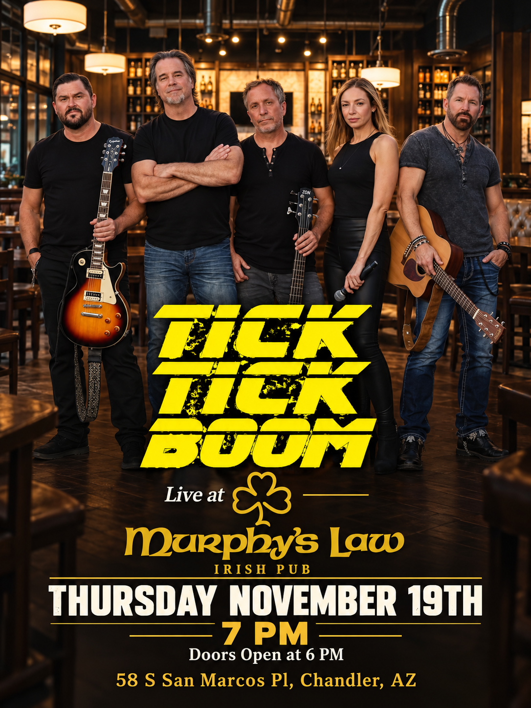 Tick Tick Boom flyer for Murphy’s Law Irish Pub